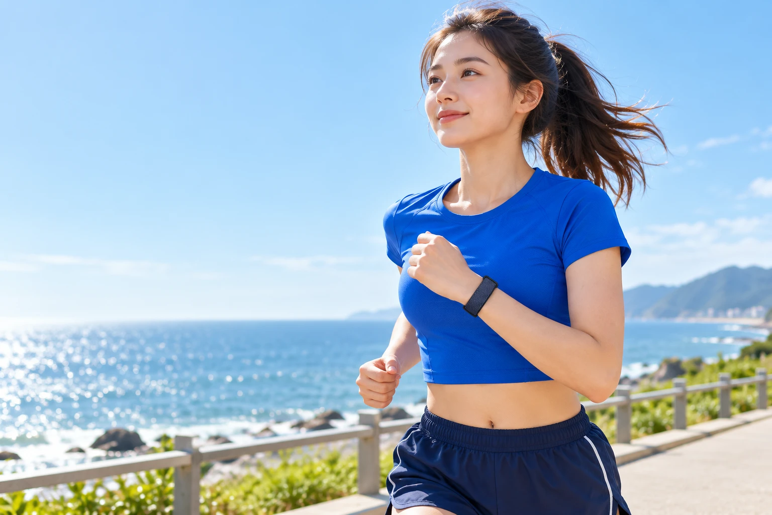 Runner wearing the screenless Smart Fitness Band woven fitness band on a sunny coastal route.